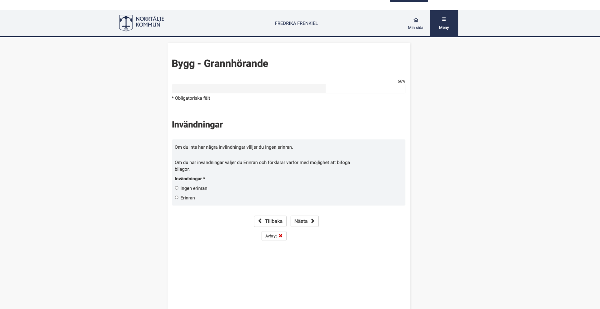 Skärmbild — Steg 4: Välj svar — Erinran eller Ingen erinran